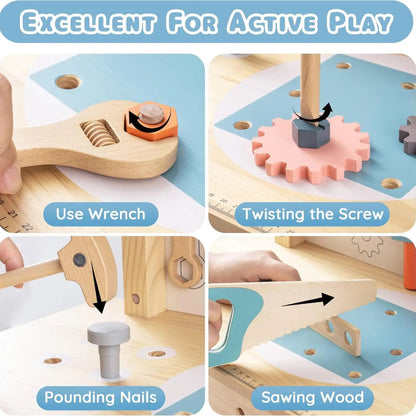 Wooden tool bench for kids with 41 pieces. Safe, durable, and educational playset that inspires creativity, coordination, and hands-on learning.