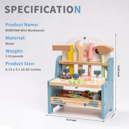 Wooden tool bench for kids. Safe, durable, and educational playset that builds creativity, coordination, and hands-on building skills.
