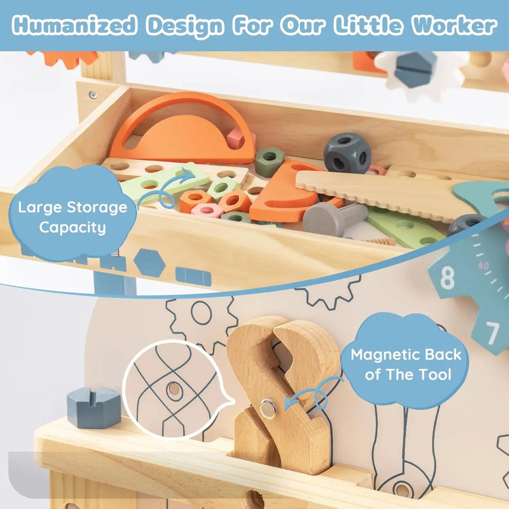 Wooden tool bench for kids with 41 pieces. Safe, durable, and educational playset that inspires creativity, coordination, and hands-on learning.