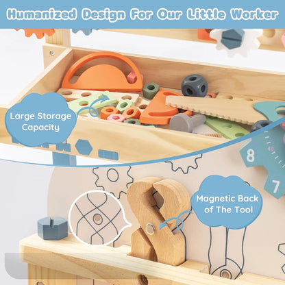 Wooden tool bench for kids with 41 pieces. Safe, durable, and educational playset that inspires creativity, coordination, and hands-on learning.