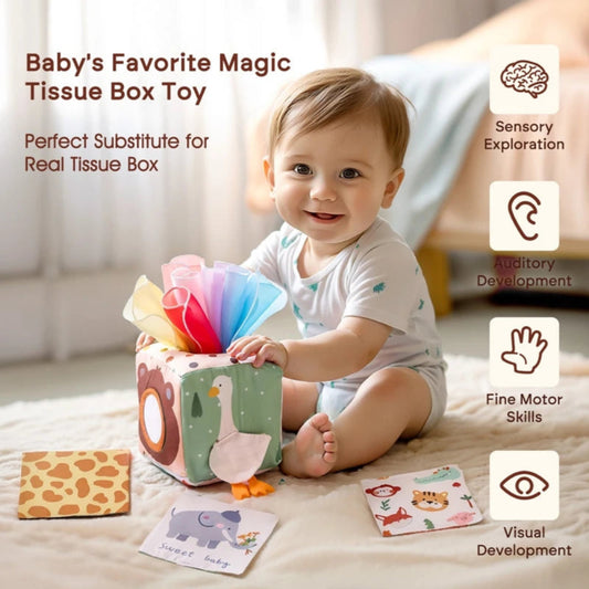 Montessori sensory tissue box for babies. Soft cloth play that boosts curiosity, fine-motor skills, and early exploration. Safe, colorful, and engaging.