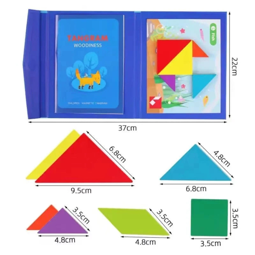 Magnetic wooden tangram book for kids. Safe, portable, and educational puzzle that builds logic, focus, and creativity through play.