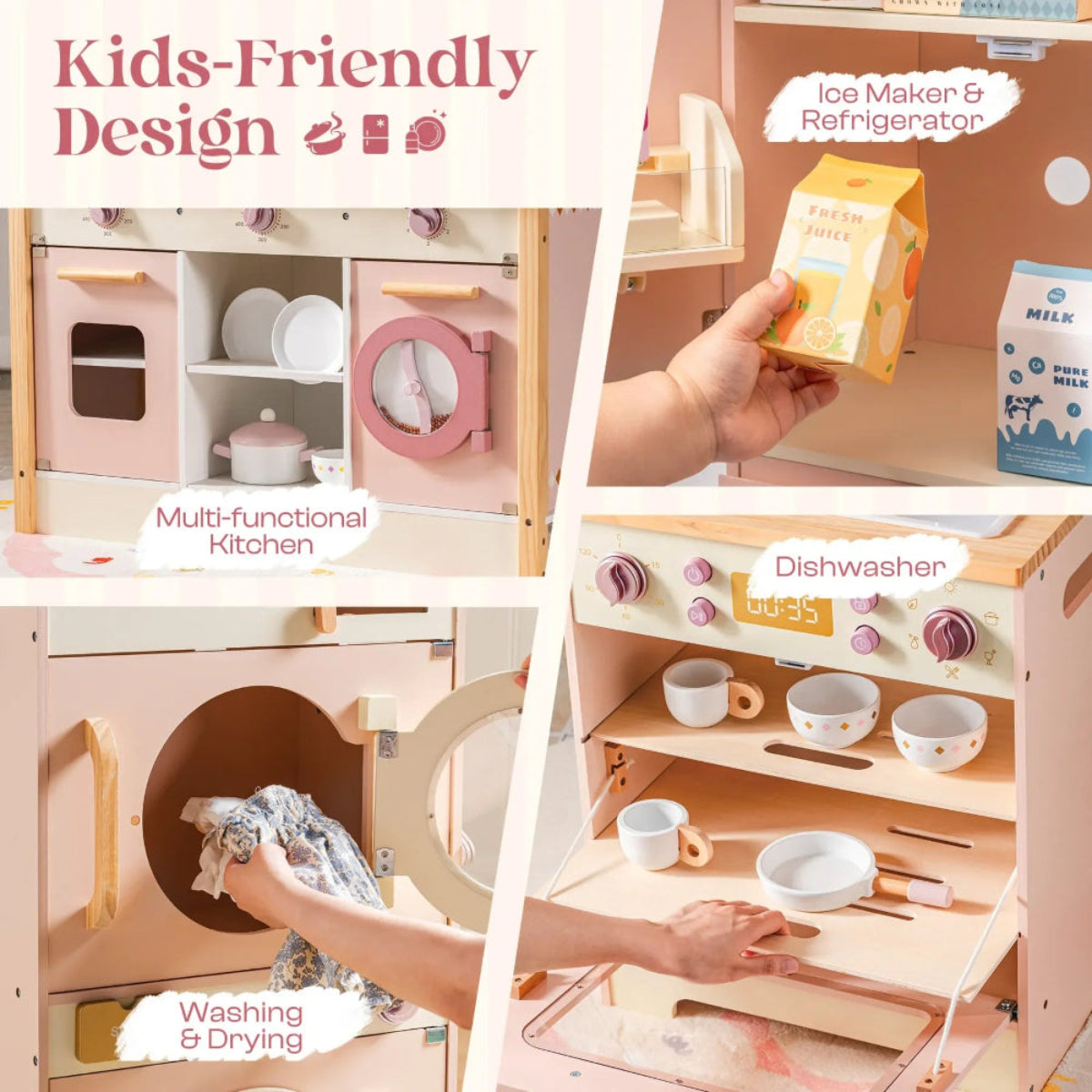 Deluxe wooden play kitchen for kids. Safe, stylish 4-piece set with accessories that inspire creativity, role play, and hands-on learning.