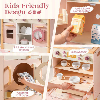 Deluxe wooden play kitchen for kids. Safe, stylish 4-piece set with accessories that inspire creativity, role play, and hands-on learning.