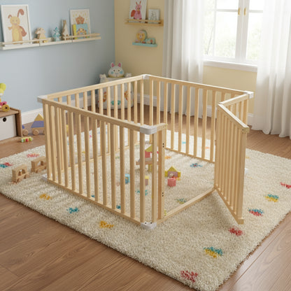 Safe wooden baby playpen with soft crawling mat. Durable, eco-friendly, and stylish design for secure play and early exploration.