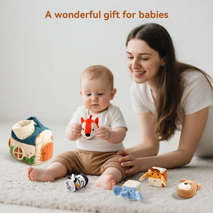 Soft Montessori sensory toy for babies. Plush farmhouse with musical animals that inspires discovery, learning, and gentle play.