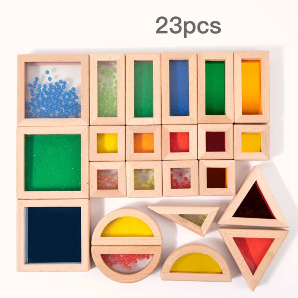Colorful wooden and acrylic sensory blocks for kids. Safe, educational toy that builds creativity, focus, and sensory exploration.