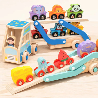 Wooden double-decker educational truck for kids. Safe, colorful, and fun Montessori toy that builds logic, coordination, and creativity.