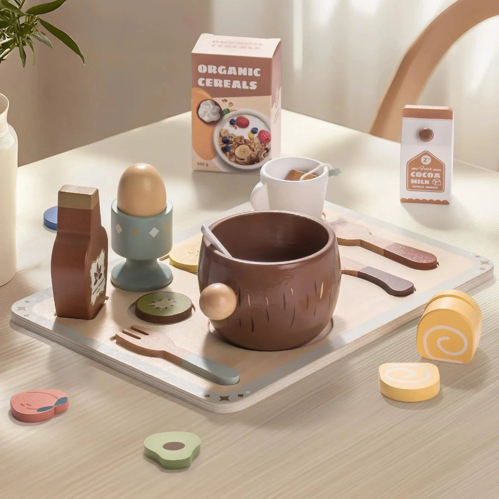 Wooden play food set for kids. Safe, realistic, and fun pretend cooking that inspires creativity, learning, and imagination every day.