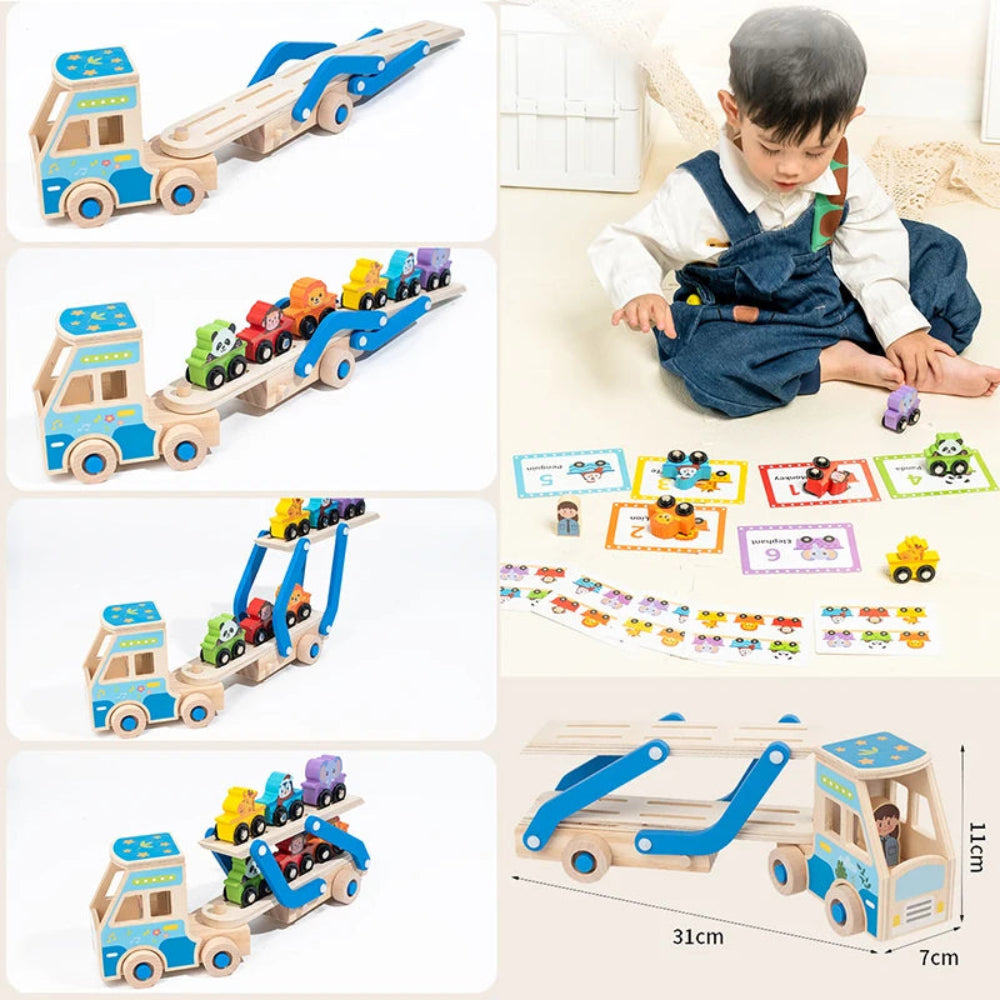 Wooden double-decker educational truck for kids. Safe, colorful, and fun Montessori toy that builds logic, coordination, and creativity.
