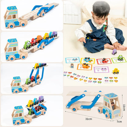 Wooden double-decker educational truck for kids. Safe, colorful, and fun Montessori toy that builds logic, coordination, and creativity.