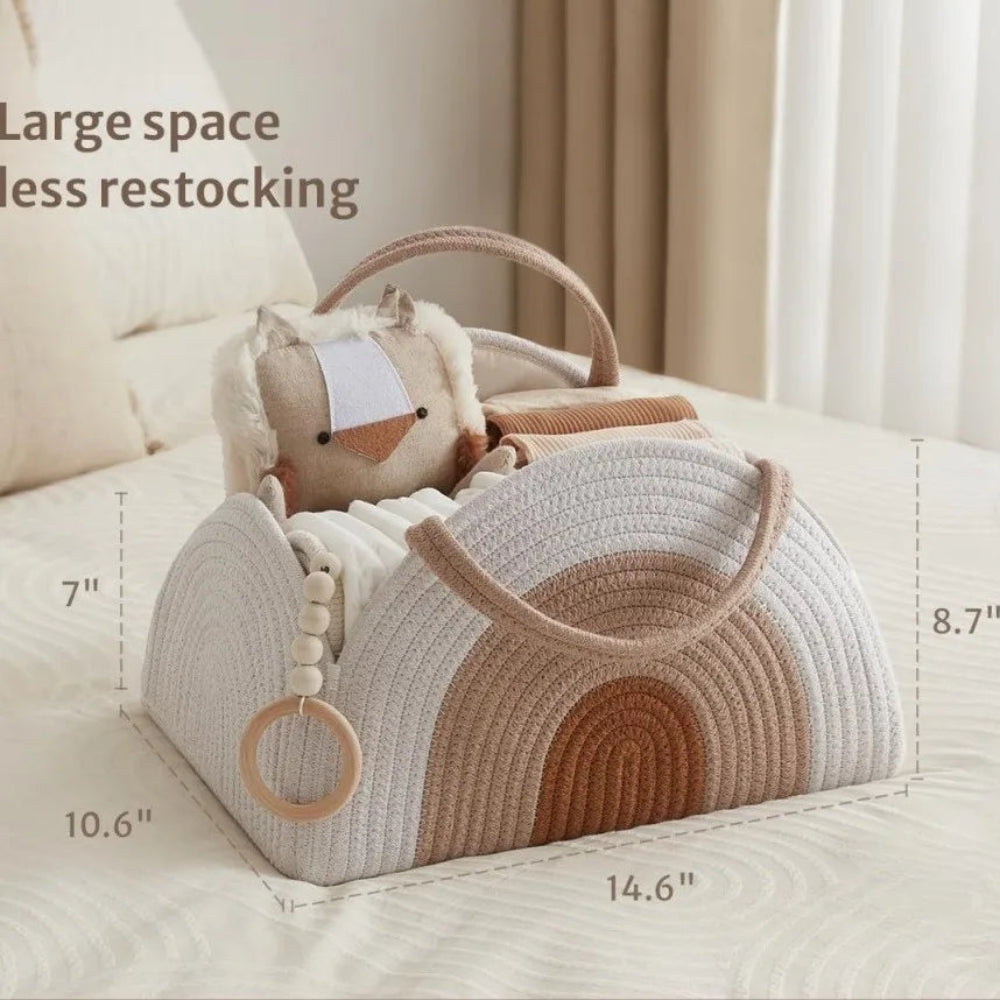 Cotton rope diaper caddy for baby essentials. Stylish, sturdy, and portable organizer that keeps nursery items neat and within reach.