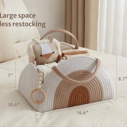 Cotton rope diaper caddy for baby essentials. Stylish, sturdy, and portable organizer that keeps nursery items neat and within reach.