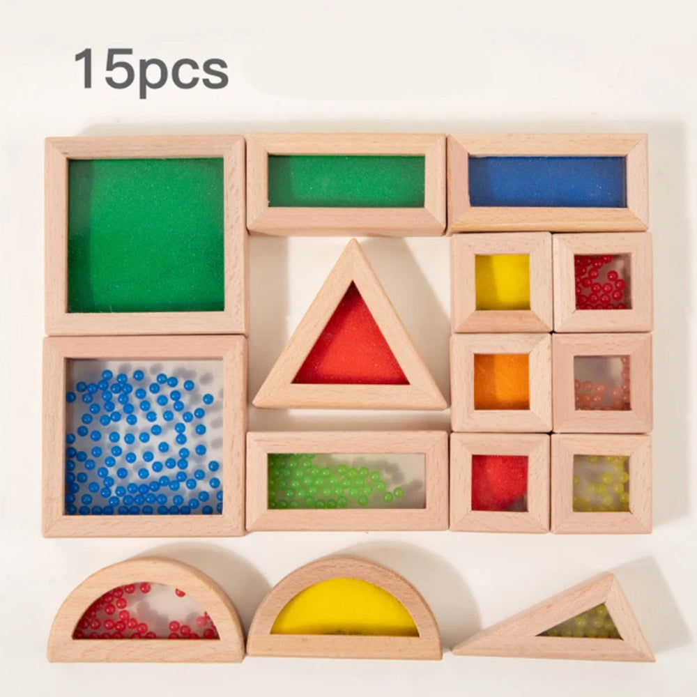 Colorful wooden and acrylic sensory blocks for kids. Safe, educational toy that builds creativity, focus, and sensory exploration.