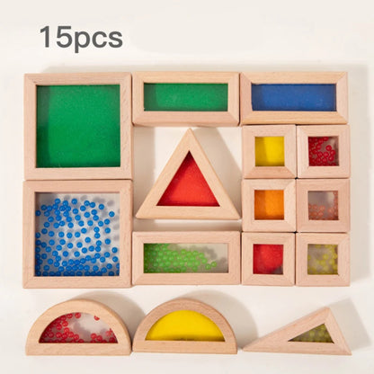 Colorful wooden and acrylic sensory blocks for kids. Safe, educational toy that builds creativity, focus, and sensory exploration.