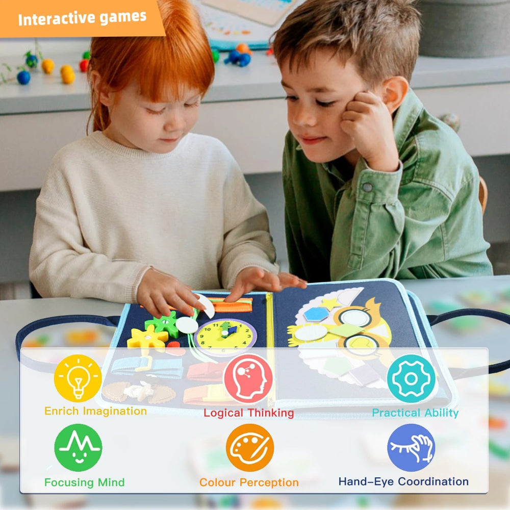 Montessori 7-in-1 Busy Board for ages 3–6. Safe sensory toy that builds fine motor skills, focus, and independence. Perfect educational gift for kids.