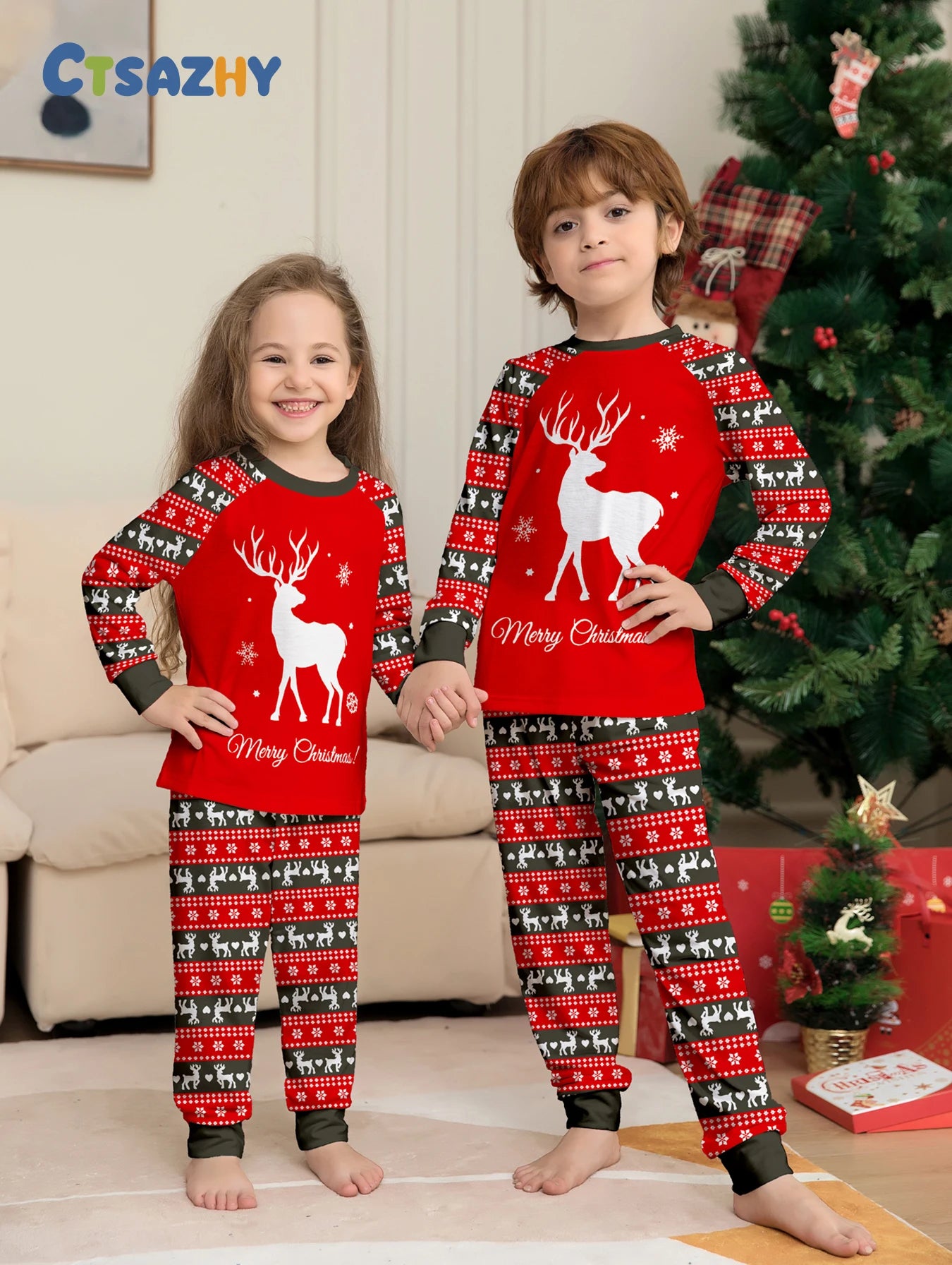 Santa & Reindeer Print Family Christmas Pajamas