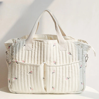 Korean-style mommy bag with large capacity and quilted design. Lightweight, stylish, and perfect for travel or everyday baby care.