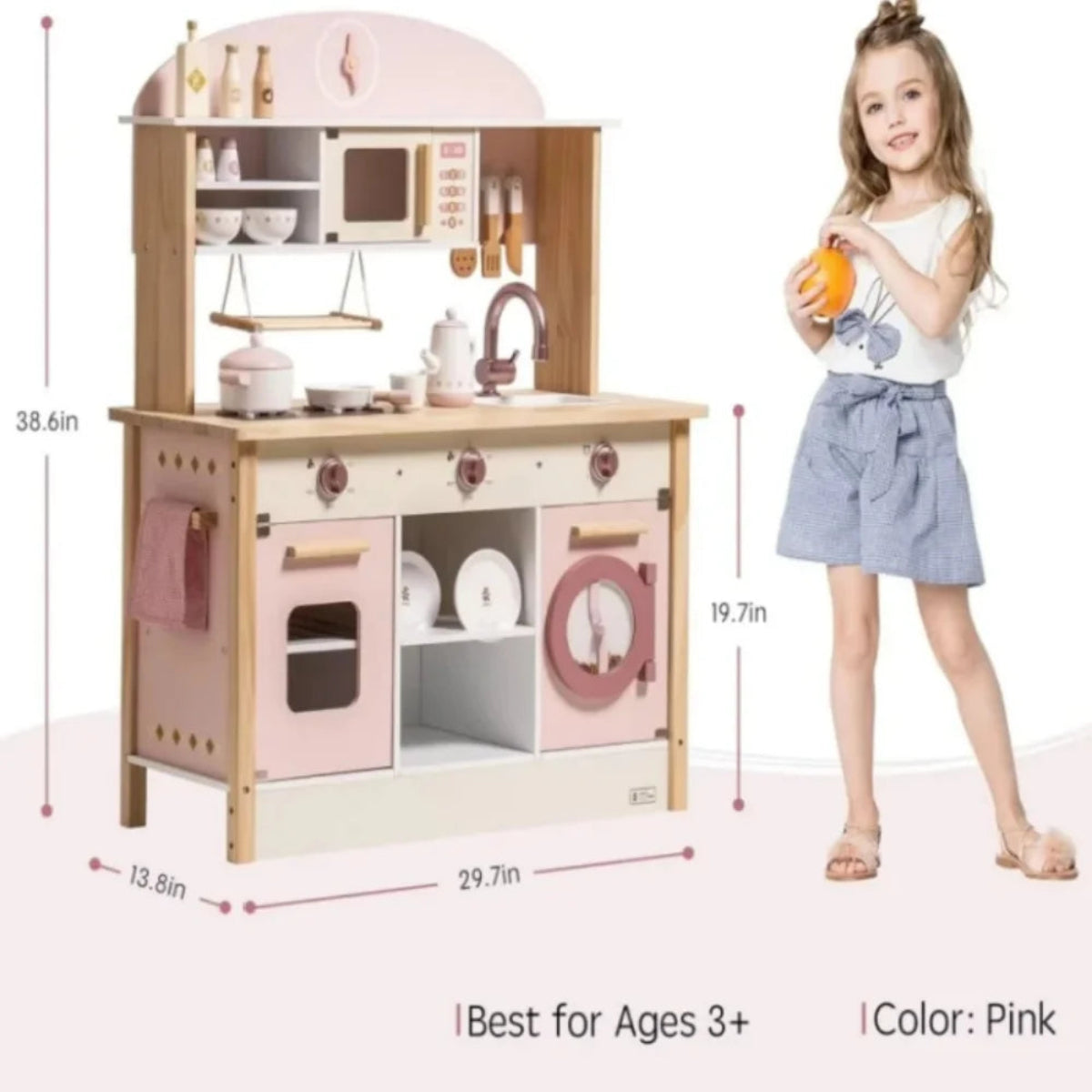 Deluxe wooden play kitchen for kids. Safe, stylish 4-piece set with accessories that inspire creativity, role play, and hands-on learning.