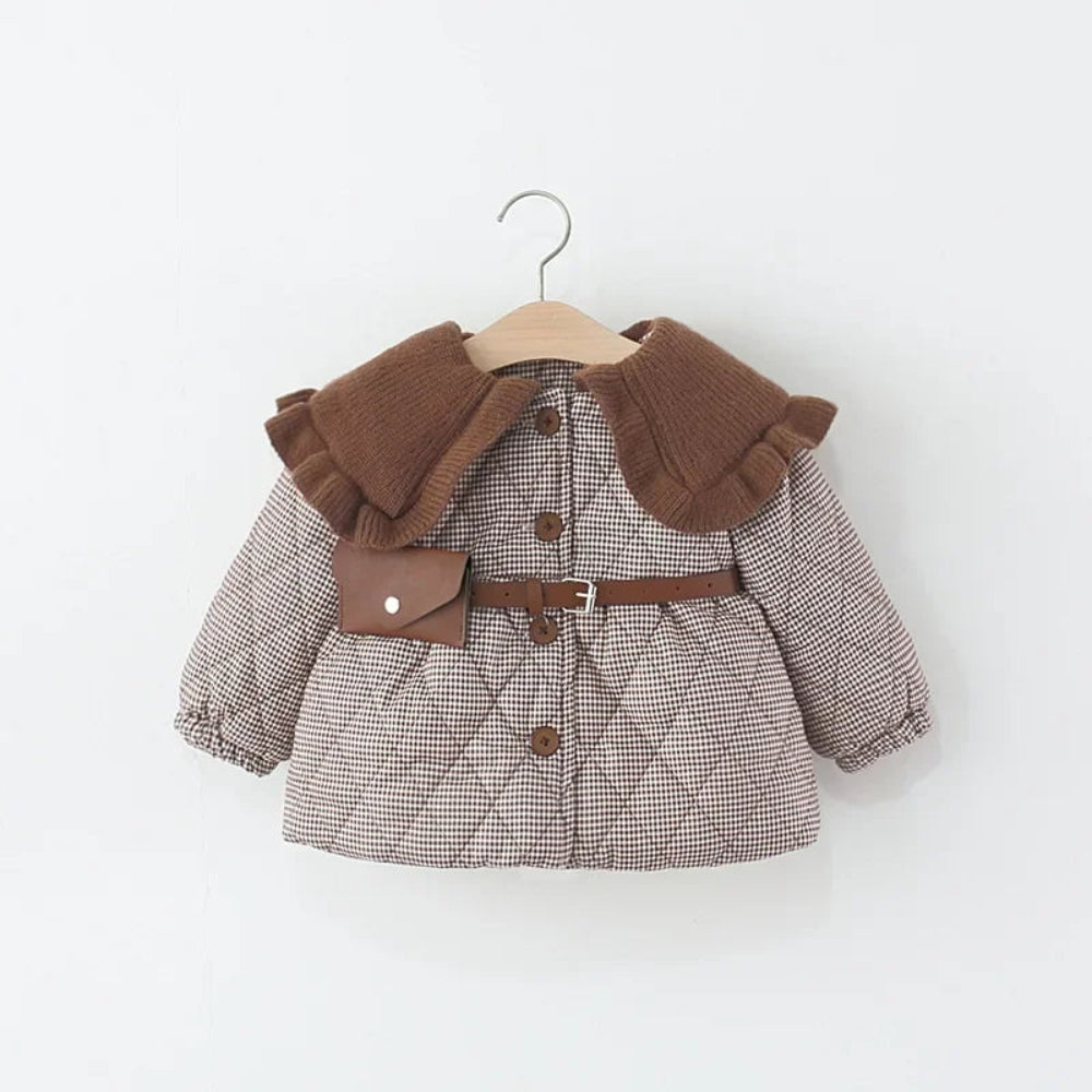 Warm plaid winter coat for girls. Soft cotton design with ruffle collar and belt — stylish, cozy, and perfect for chilly days.
