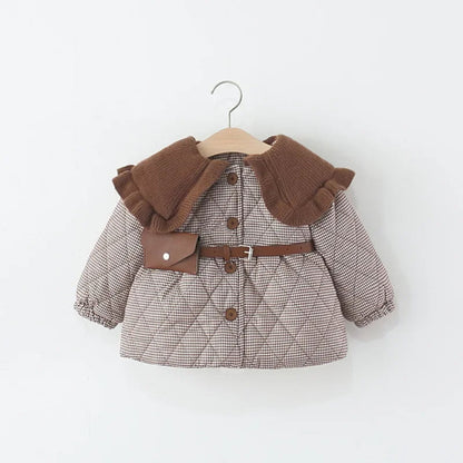 Warm plaid winter coat for girls. Soft cotton design with ruffle collar and belt — stylish, cozy, and perfect for chilly days.
