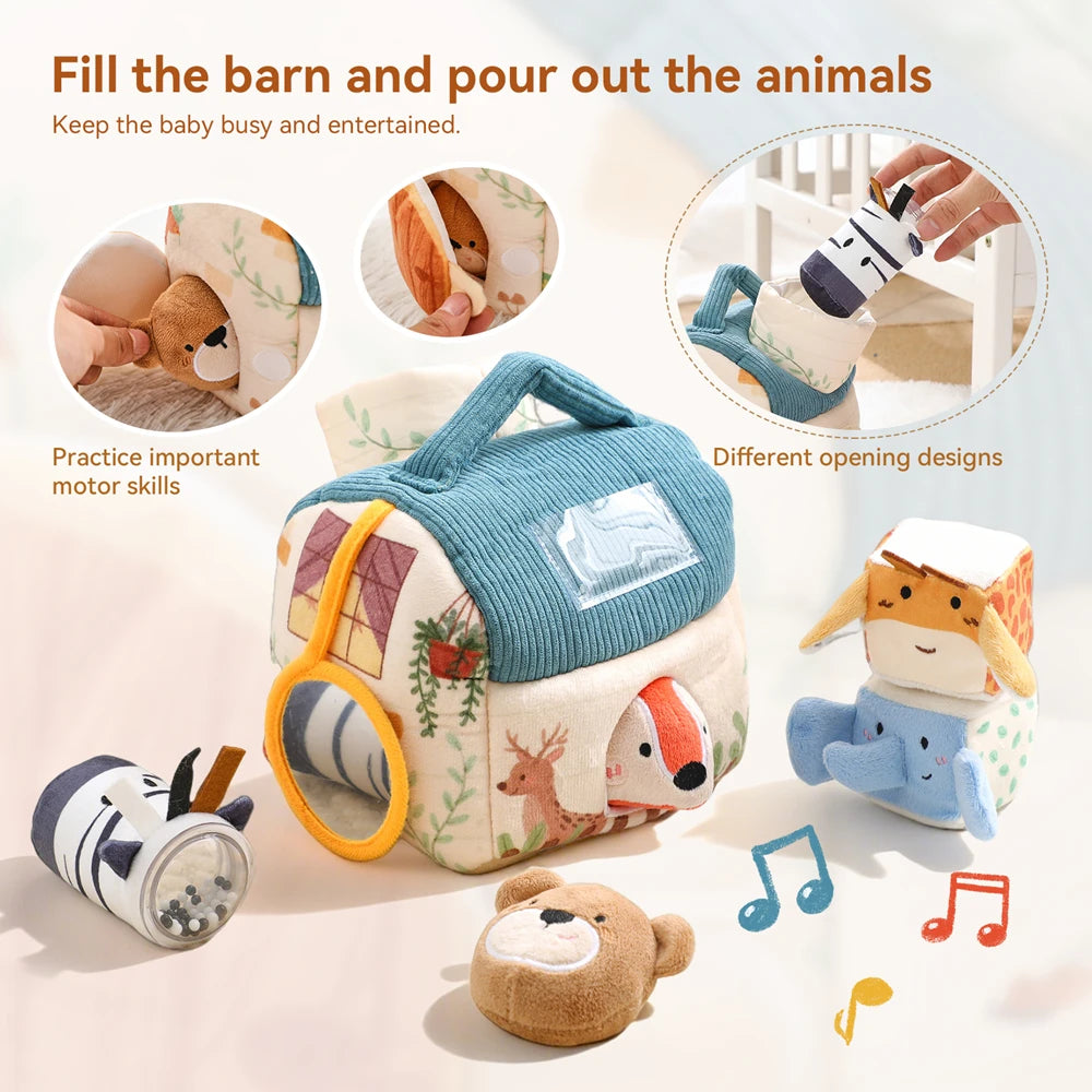 Soft Montessori sensory toy for babies. Plush farmhouse with musical animals that inspires discovery, learning, and gentle play.