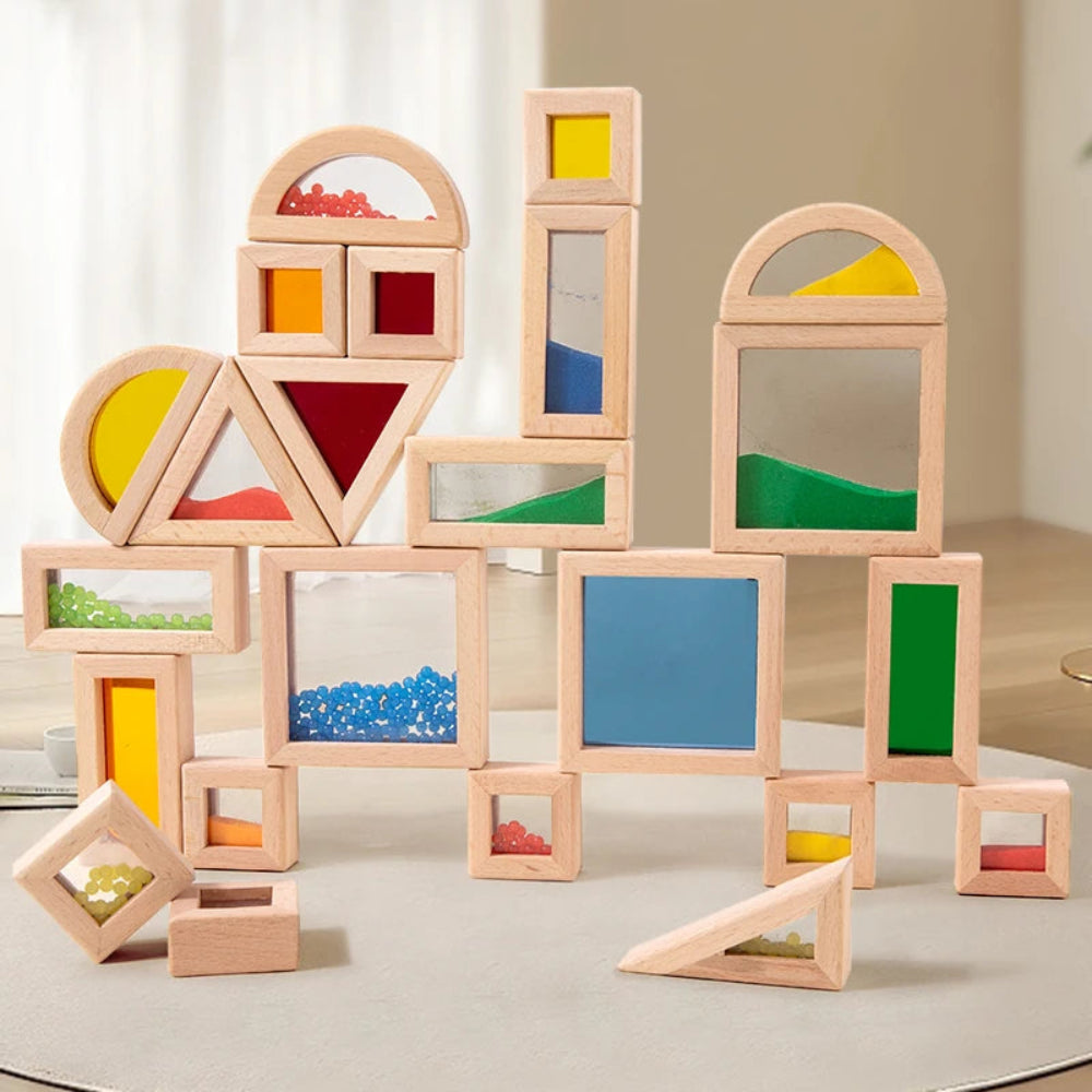 Colorful wooden and acrylic sensory blocks for kids. Safe, educational toy that builds creativity, focus, and sensory exploration.