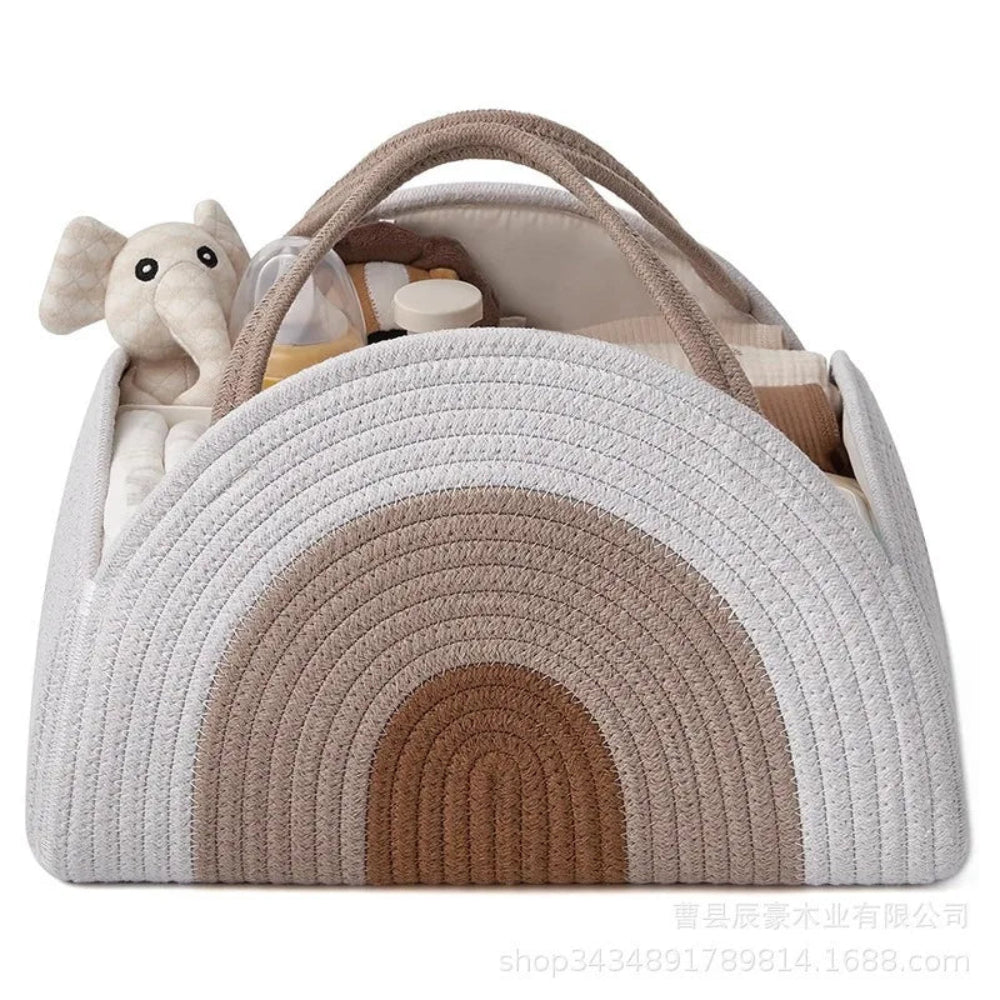 Cotton rope diaper caddy for baby essentials. Stylish, sturdy, and portable organizer that keeps nursery items neat and within reach.