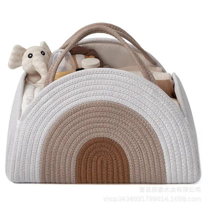 Cotton rope diaper caddy for baby essentials. Stylish, sturdy, and portable organizer that keeps nursery items neat and within reach.