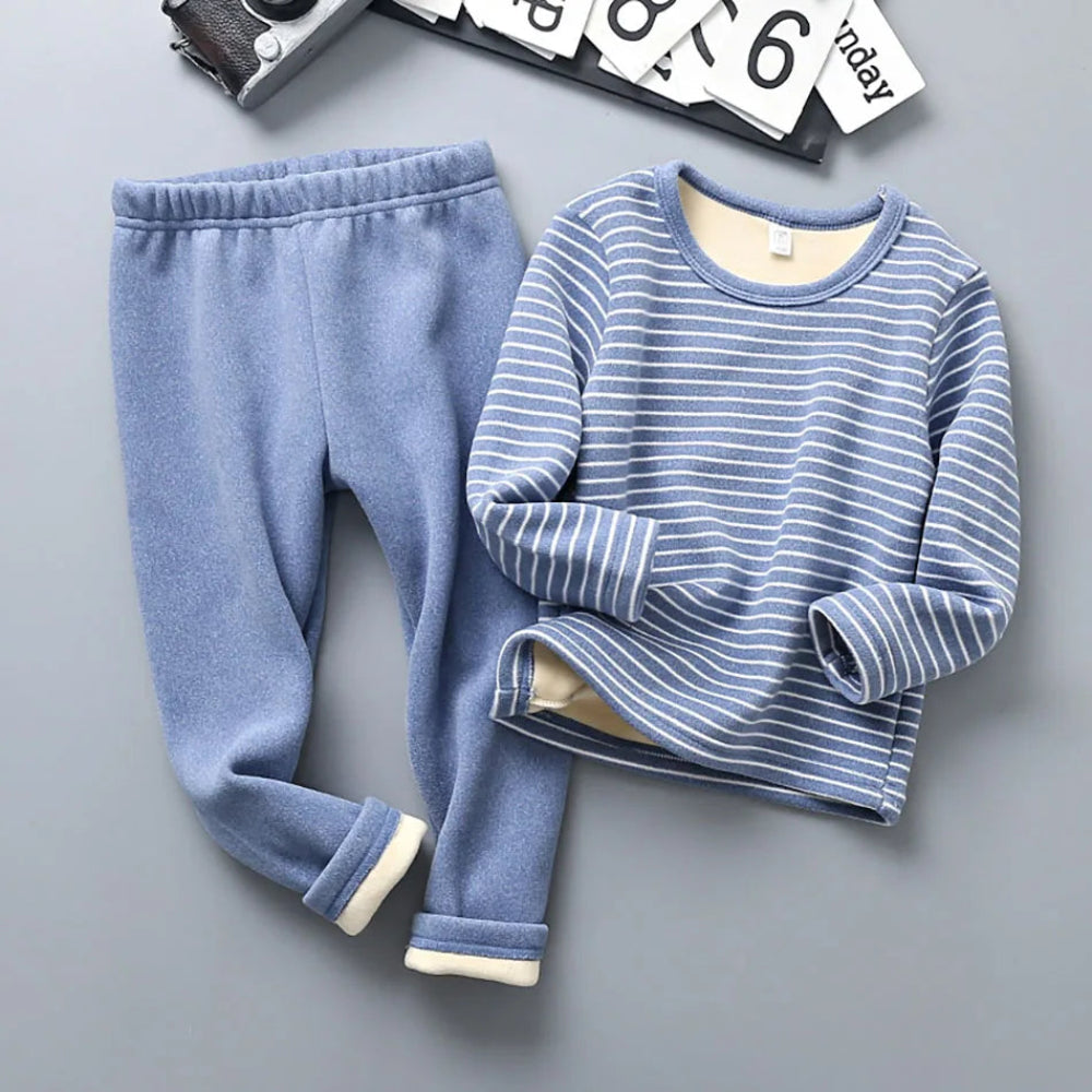 Warm plush-lined striped pajamas for kids. Soft, cozy, and perfect for autumn and winter nights — comfort for sweet dreams every day.