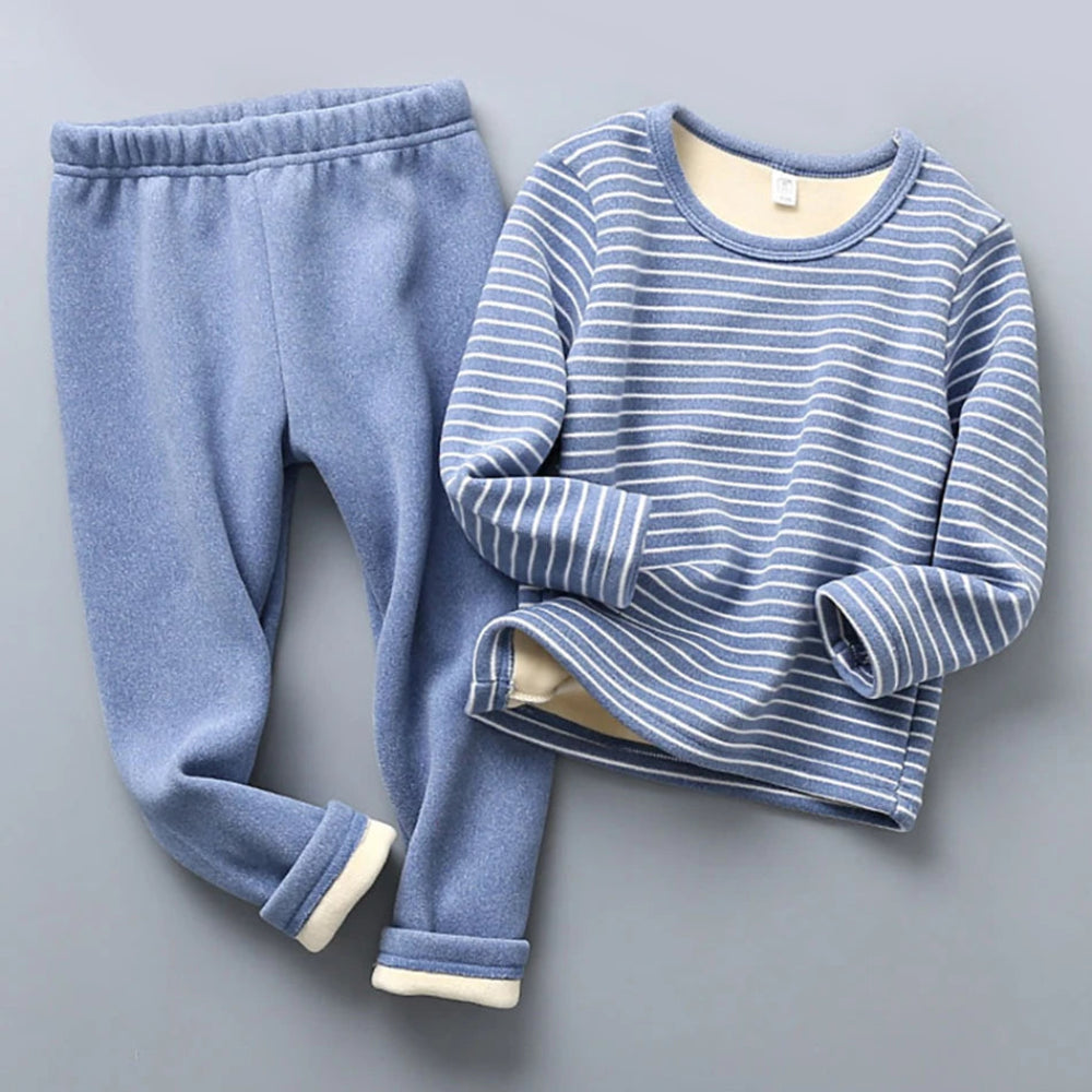Warm plush-lined striped pajamas for kids. Soft, cozy, and perfect for autumn and winter nights — comfort for sweet dreams every day.