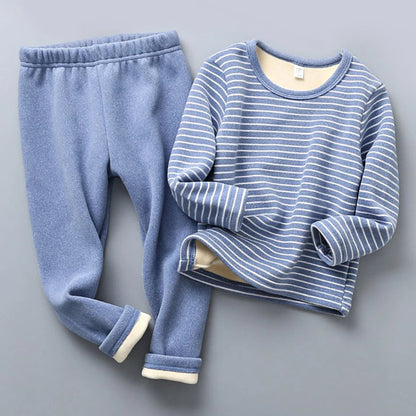Warm plush-lined striped pajamas for kids. Soft, cozy, and perfect for autumn and winter nights — comfort for sweet dreams every day.