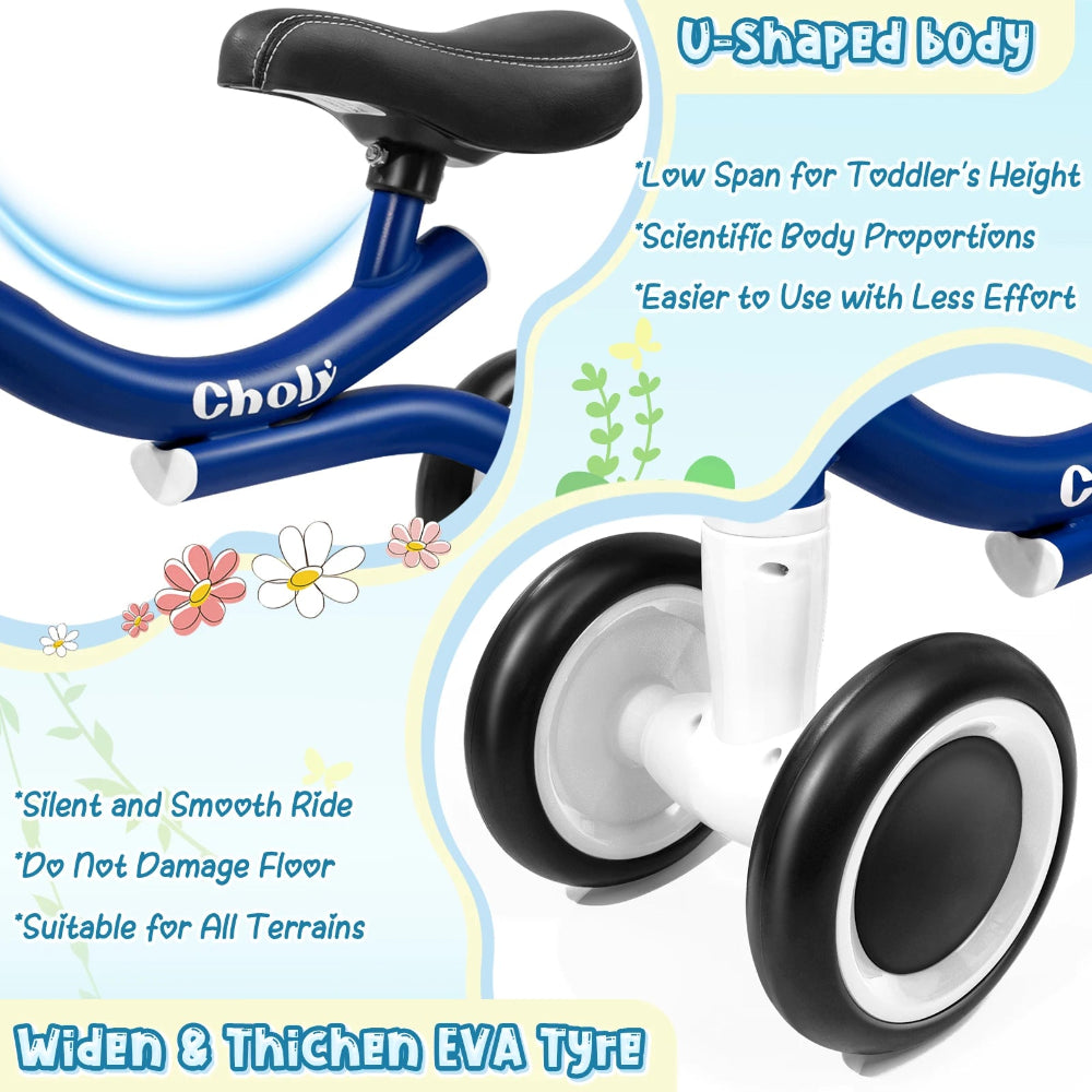 Lightweight 4-wheel balance bike for toddlers. Safe, stable, and ergonomic — perfect for ages 1–2 learning balance, coordination, and confidence.