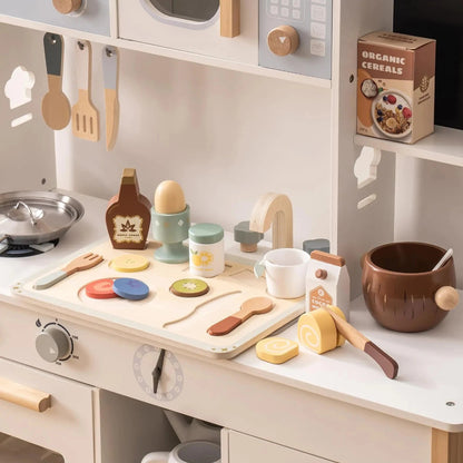 Wooden play food set for kids. Safe, realistic, and fun pretend cooking that inspires creativity, learning, and imagination every day.