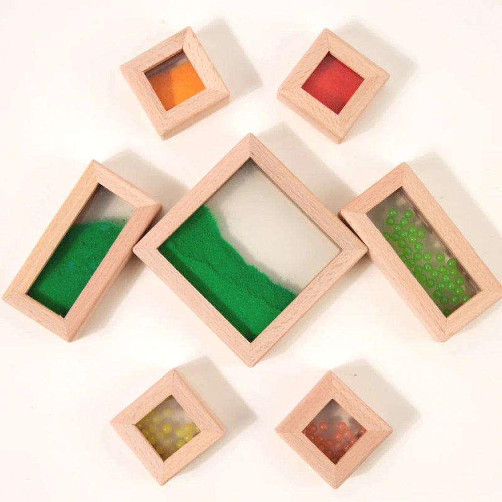 Colorful wooden and acrylic sensory blocks for kids. Safe, educational toy that builds creativity, focus, and sensory exploration.