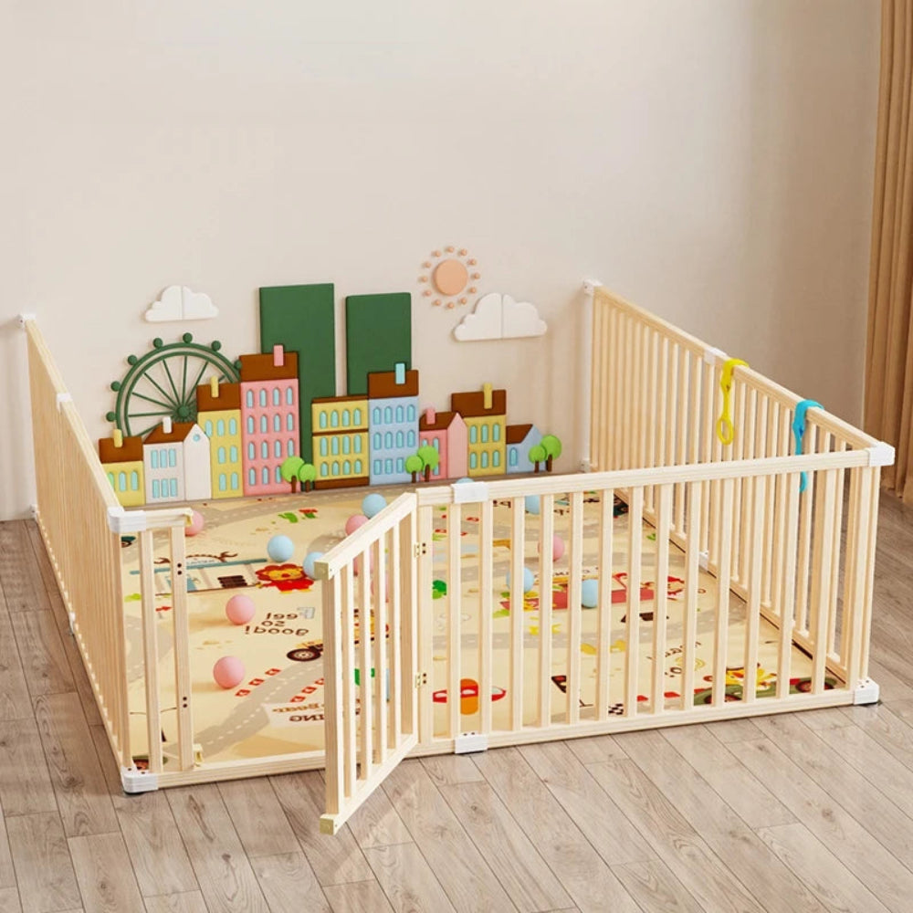 Safe wooden baby playpen with soft crawling mat. Durable, eco-friendly, and stylish design for secure play and early exploration.