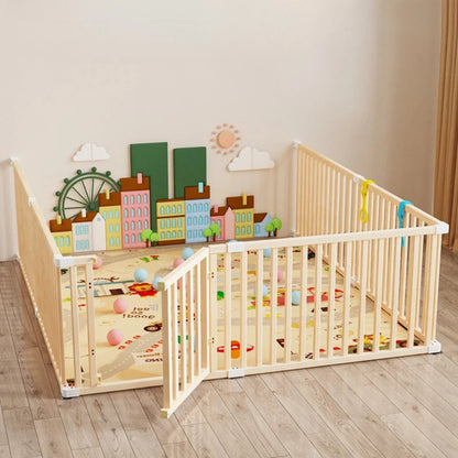 Safe wooden baby playpen with soft crawling mat. Durable, eco-friendly, and stylish design for secure play and early exploration.