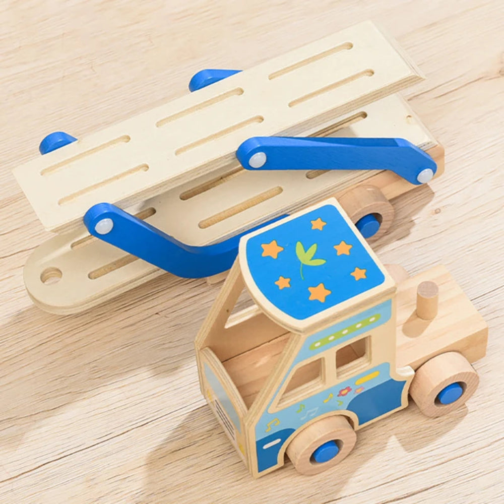 Wooden double-decker educational truck for kids. Safe, colorful, and fun Montessori toy that builds logic, coordination, and creativity.