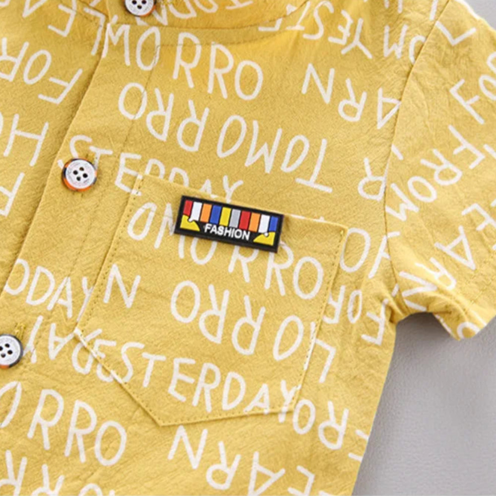 Trendy summer outfit for boys. Soft cotton letter shirt and comfy shorts — perfect for play, travel, and sunny days full of fun.