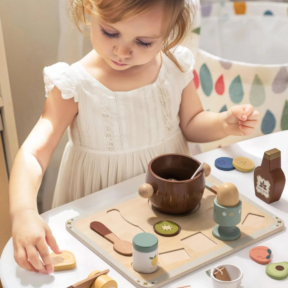 Wooden play food set for kids. Safe, realistic, and fun pretend cooking that inspires creativity, learning, and imagination every day.
