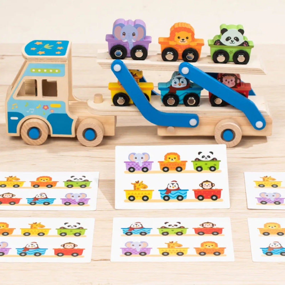 Wooden double-decker educational truck for kids. Safe, colorful, and fun Montessori toy that builds logic, coordination, and creativity.