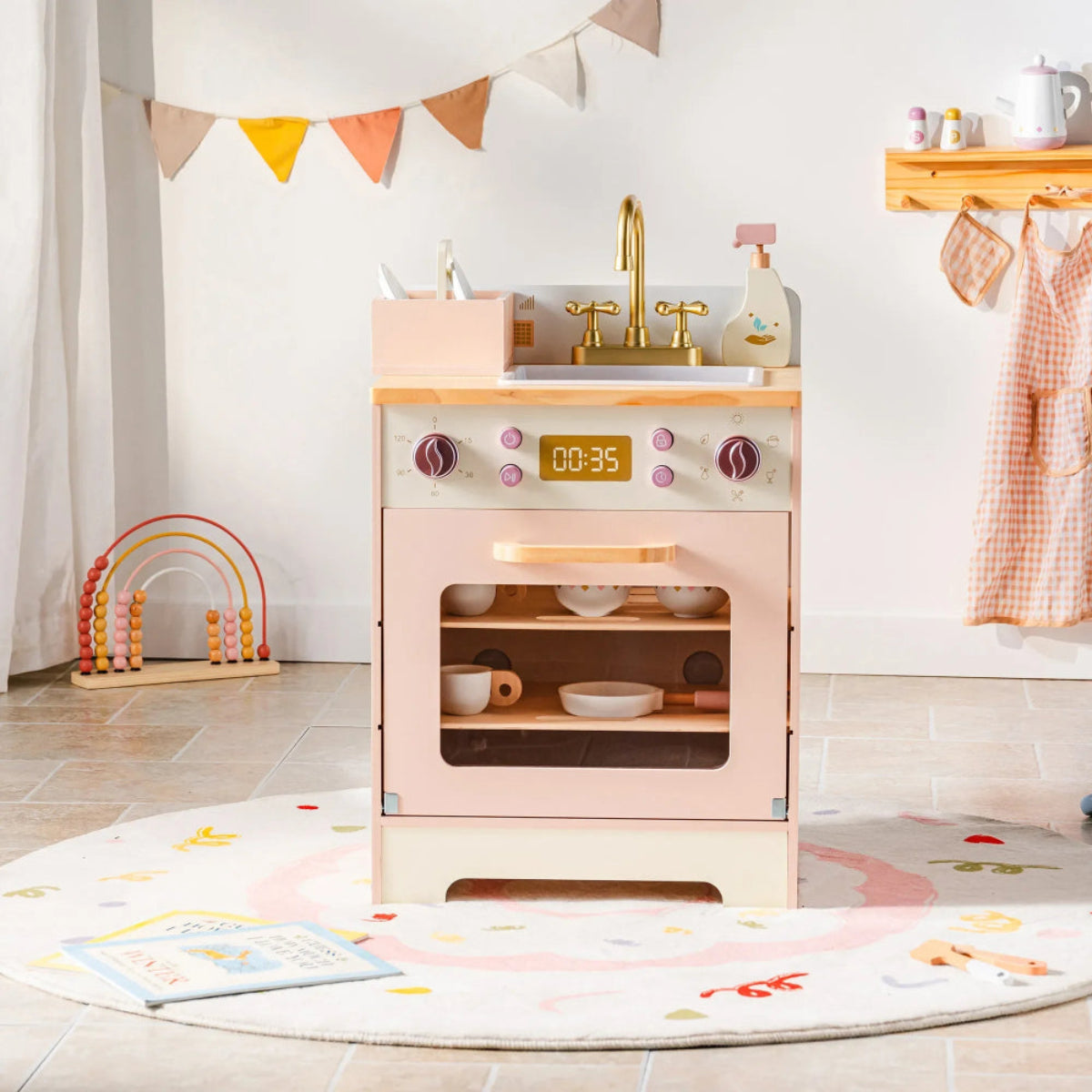 Deluxe wooden play kitchen for kids. Safe, stylish 4-piece set with accessories that inspire creativity, role play, and hands-on learning.