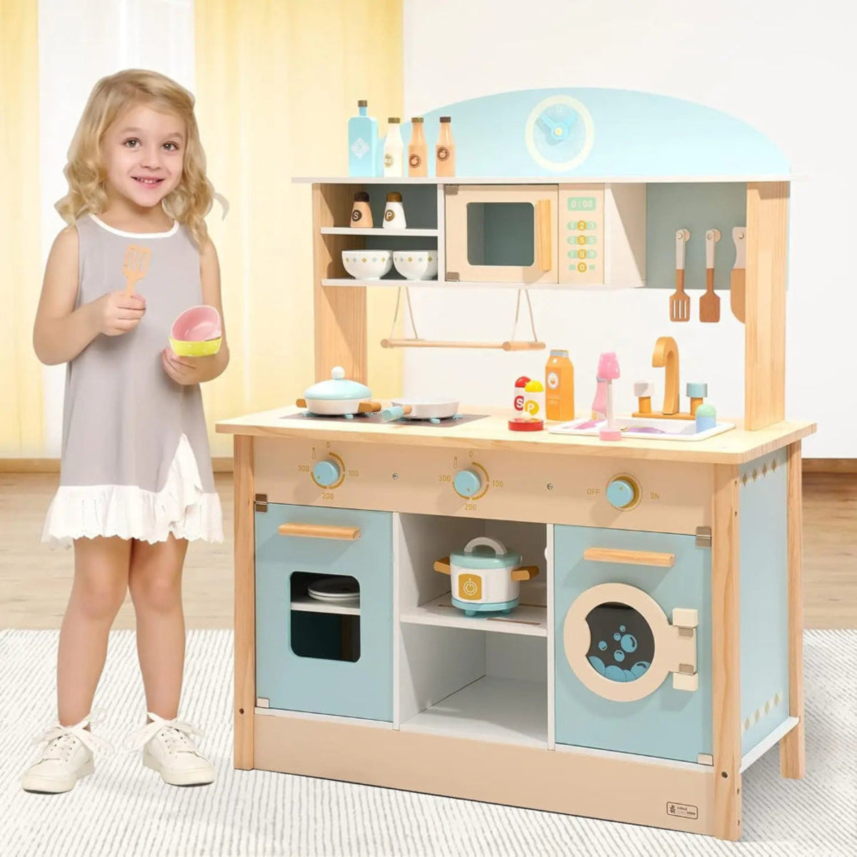 Realistic wooden play kitchen for kids. Safe, durable, and eco-friendly design that inspires creativity, learning, and imaginative play.