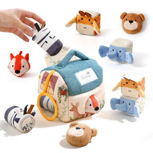 Soft Montessori sensory toy for babies. Plush farmhouse with musical animals that inspires discovery, learning, and gentle play.
