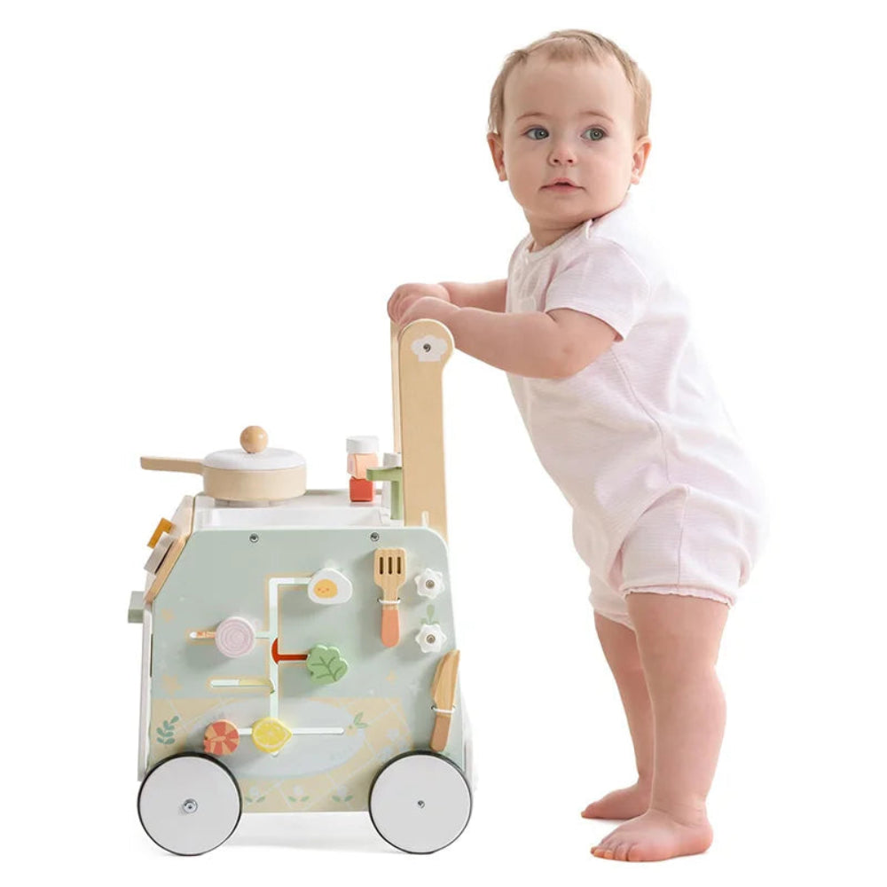Montessori wooden baby walker with adjustable height. Safe, sturdy, and fun—helps toddlers develop balance, coordination, and walking skills.