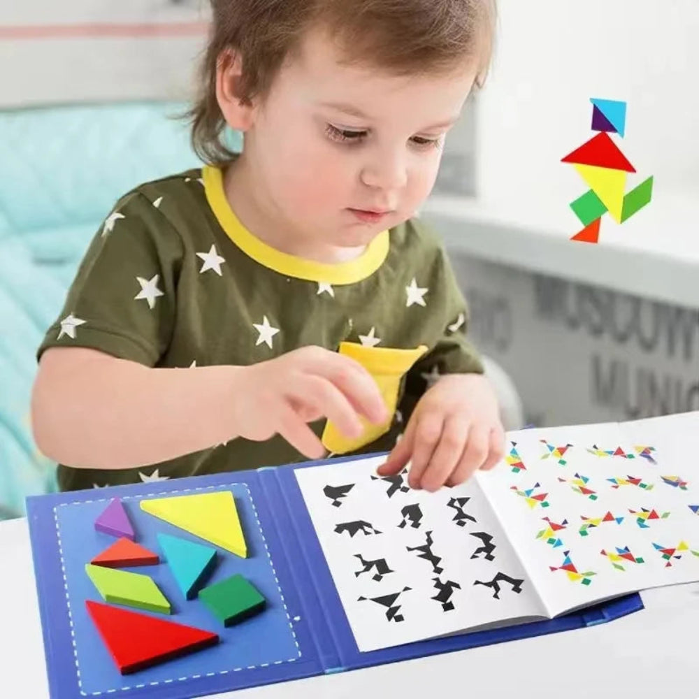 Magnetic wooden tangram book for kids. Safe, portable, and educational puzzle that builds logic, focus, and creativity through play.