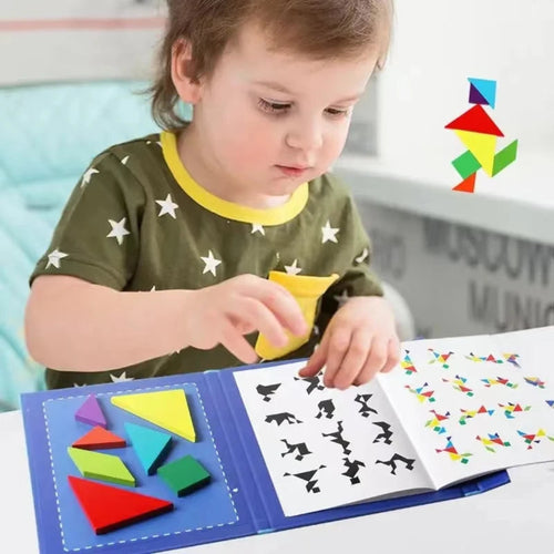 Magnetic wooden tangram book for kids. Safe, portable, and educational puzzle that builds logic, focus, and creativity through play.