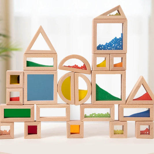 Colorful wooden and acrylic sensory blocks for kids. Safe, educational toy that builds creativity, focus, and sensory exploration.