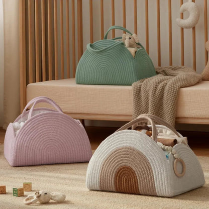 Cotton rope diaper caddy for baby essentials. Stylish, sturdy, and portable organizer that keeps nursery items neat and within reach.