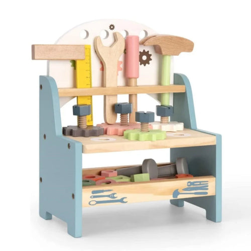 Wooden tool bench for kids. Safe, durable, and educational playset that builds creativity, coordination, and hands-on building skills.
